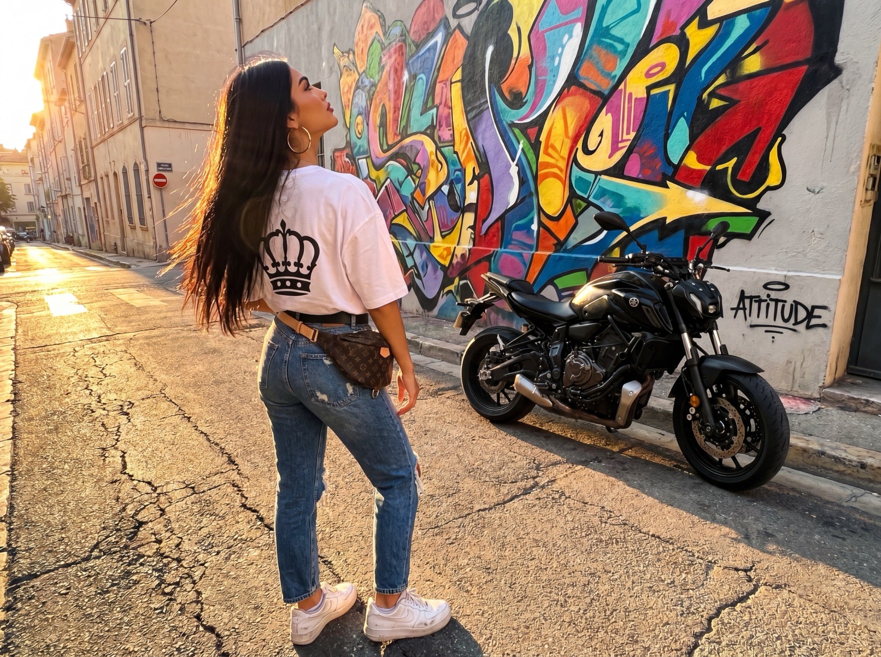 T-shirt blanc Attitude avec couronne dorée, coupe unisexe coton premium