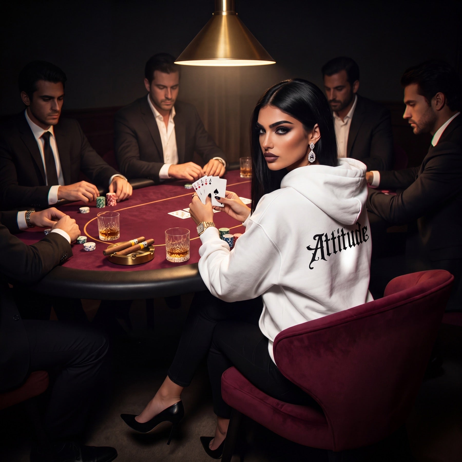 Hoodie blanc Attitude partie de poker privée, champagne sur feutre